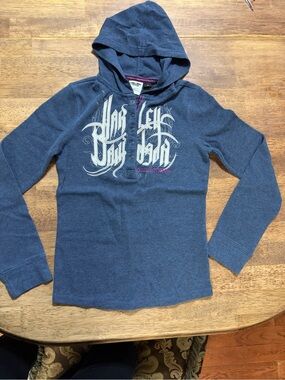 Harley-Davidson Blue Hooded Henley Sweatshirt with White Graphic